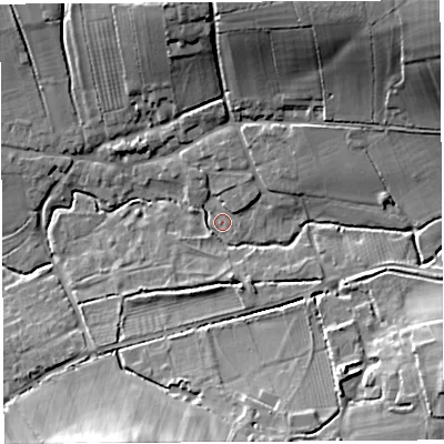 Shaded relief map of the ground around BA51JS, computed from Environment Agency LiDAR. The ground here sits at about 23 m above sea level and falls 30 m across the surrounding 800 m. Surface water reaching this point runs off ground lying to the north-east, 26.3 m higher.