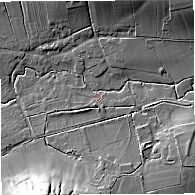 Shaded relief map of the ground around BA51JT, computed from Environment Agency LiDAR. The ground here sits at about 23 m above sea level and falls 36 m across the surrounding 800 m. Surface water reaching this point runs off ground lying to the north-east, 23.7 m higher.
