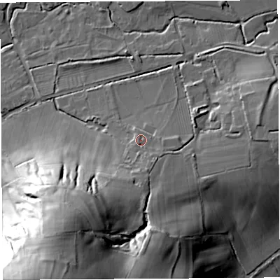 Shaded relief map of the ground around BA51JU, computed from Environment Agency LiDAR. The ground here sits at about 30 m above sea level and falls 80 m across the surrounding 800 m. Surface water reaching this point runs off ground lying to the south-west, 43.1 m higher.