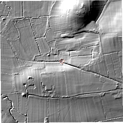 Shaded relief map of the ground around BA51LD, computed from Environment Agency LiDAR. The ground here sits at about 15 m above sea level and falls 22 m across the surrounding 800 m. Surface water reaching this point runs off ground lying to the east-north-east, 14.6 m higher.