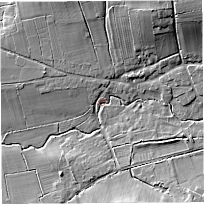Shaded relief map of the ground around BA51LE, computed from Environment Agency LiDAR. The ground here sits at about 20 m above sea level and falls 27 m across the surrounding 800 m. Surface water reaching this point runs off ground lying to the north-east, 24.1 m higher.