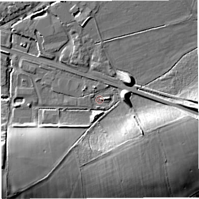Shaded relief map of the ground around BA51LJ, computed from Environment Agency LiDAR. The ground here sits at about 34 m above sea level and falls 18 m across the surrounding 800 m. Surface water reaching this point runs off ground lying to the east-north-east, 8.7 m higher.