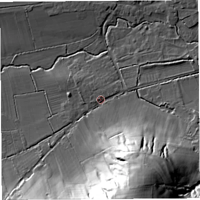 Shaded relief map of the ground around BA51LQ, computed from Environment Agency LiDAR. The ground here sits at about 23 m above sea level and falls 63 m across the surrounding 800 m. Surface water reaching this point runs off ground lying to the south-south-east, 52.0 m higher.