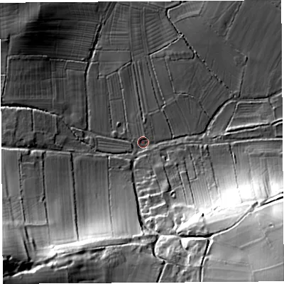 Shaded relief map of the ground around BA51LS, computed from Environment Agency LiDAR. The ground here sits at about 17 m above sea level and falls 55 m across the surrounding 800 m. Surface water reaching this point runs off ground lying to the south-east, 29.7 m higher.