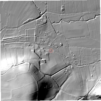 Shaded relief map of the ground around BA51LW, computed from Environment Agency LiDAR. The ground here sits at about 20 m above sea level and falls 57 m across the surrounding 800 m. Surface water reaching this point runs off ground lying to the south-south-west, 49.5 m higher.