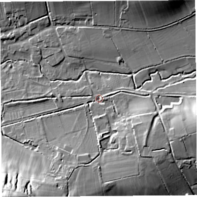 Shaded relief map of the ground around BA51NJ, computed from Environment Agency LiDAR. The ground here sits at about 25 m above sea level and falls 42 m across the surrounding 800 m. Surface water reaching this point runs off ground lying to the south-south-west, 12.2 m higher.