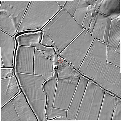 Shaded relief map of the ground around BA51NS, computed from Environment Agency LiDAR. The ground here sits at about 7 m above sea level and falls 20 m across the surrounding 800 m. Surface water reaching this point runs off ground lying to the south-west, 3.7 m higher.