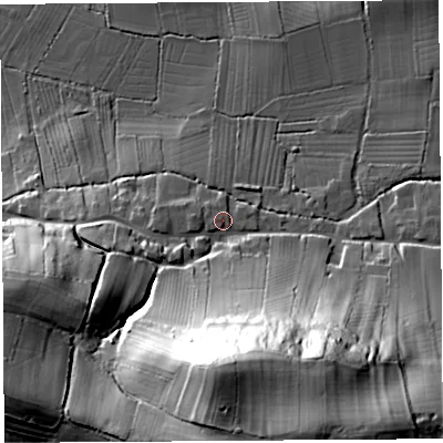 Shaded relief map of the ground around BA51PD, computed from Environment Agency LiDAR. The ground here sits at about 19 m above sea level and falls 69 m across the surrounding 800 m. Surface water reaching this point runs off ground lying to the west-south-west, 7.4 m higher.