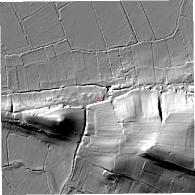 Shaded relief map of the ground around BA51PF, computed from Environment Agency LiDAR. The ground here sits at about 15 m above sea level and falls 52 m across the surrounding 800 m. Surface water reaching this point runs off ground lying to the south-east, 10.5 m higher.