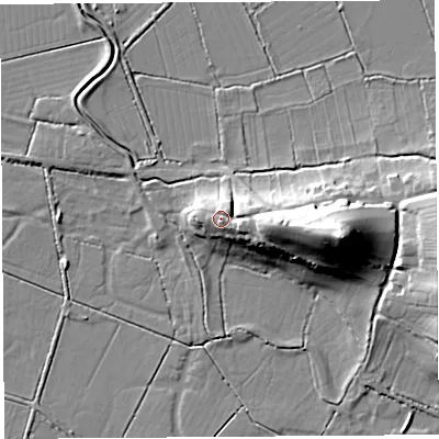 Shaded relief map of the ground around BA51PG, computed from Environment Agency LiDAR. The ground here sits at about 15 m above sea level and falls 33 m across the surrounding 800 m. Surface water reaching this point runs off ground lying to the north-east, 2.5 m higher.