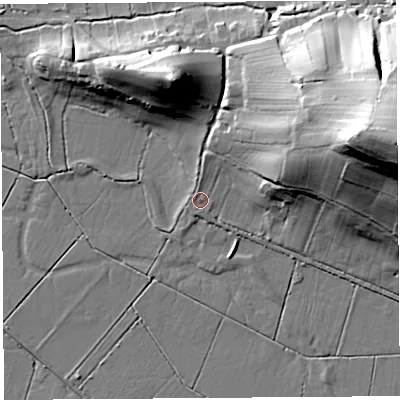 Shaded relief map of the ground around BA51PH, computed from Environment Agency LiDAR. The ground here sits at about 7 m above sea level and falls 51 m across the surrounding 800 m. Surface water reaching this point runs off ground lying to the east-north-east, 46.5 m higher.