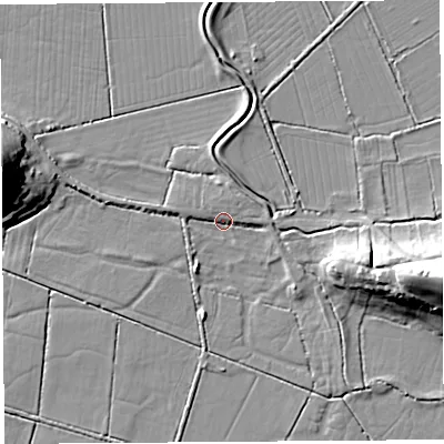 Shaded relief map of the ground around BA51PJ, computed from Environment Agency LiDAR. The ground here sits at about 6 m above sea level and falls 23 m across the surrounding 800 m. Surface water reaching this point runs off ground lying to the east-north-east, 4.0 m higher.