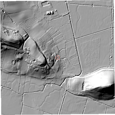 Shaded relief map of the ground around BA51PN, computed from Environment Agency LiDAR. The ground here sits at about 8 m above sea level and falls 48 m across the surrounding 800 m. Surface water reaching this point runs off ground lying to the west-south-west, 13.0 m higher.