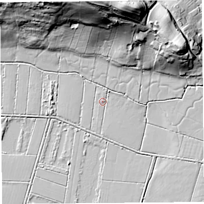 Shaded relief map of the ground around BA51PS, computed from Environment Agency LiDAR. The ground here sits at about 4 m above sea level and falls 49 m across the surrounding 800 m. Surface water reaching this point runs off ground lying to the north-north-east, 2.5 m higher.