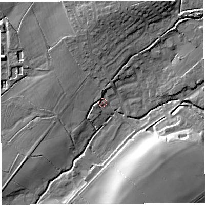 Shaded relief map of the ground around BA51PZ, computed from Environment Agency LiDAR. The ground here sits at about 25 m above sea level and falls 23 m across the surrounding 800 m. Surface water reaching this point runs off ground lying to the north, 3.0 m higher.