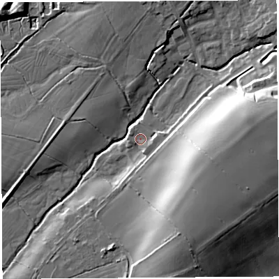 Shaded relief map of the ground around BA51QE, computed from Environment Agency LiDAR. The ground here sits at about 22 m above sea level and falls 24 m across the surrounding 800 m. Surface water reaching this point runs off ground lying to the south-east, 2.3 m higher.