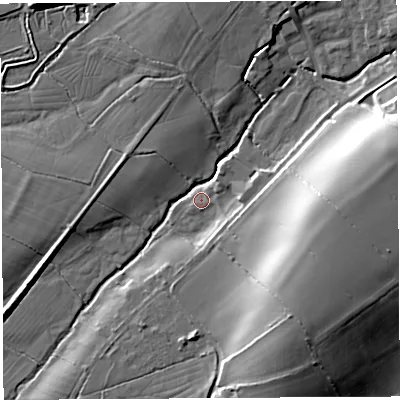 Shaded relief map of the ground around BA51QF, computed from Environment Agency LiDAR. The ground here sits at about 20 m above sea level and falls 25 m across the surrounding 800 m. Surface water reaching this point runs off ground lying to the east, 20.0 m higher.