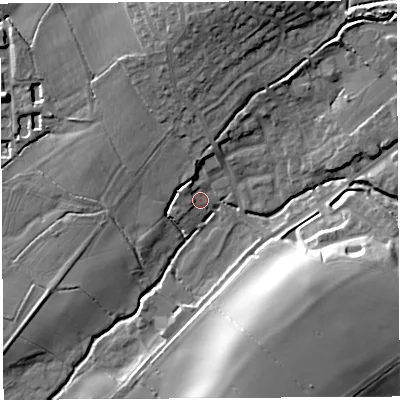 Shaded relief map of the ground around BA51QH, computed from Environment Agency LiDAR. The ground here sits at about 24 m above sea level and falls 23 m across the surrounding 800 m. Surface water reaching this point runs off ground lying to the north-north-west, 2.5 m higher.