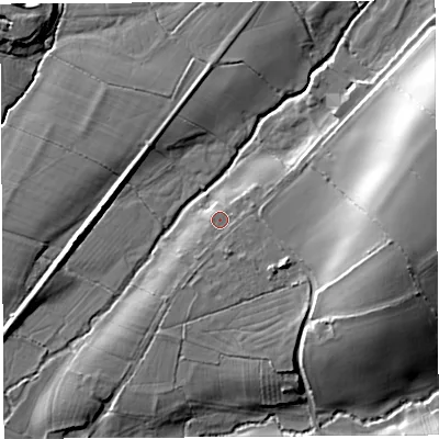 Shaded relief map of the ground around BA51QN, computed from Environment Agency LiDAR. The ground here sits at about 21 m above sea level and falls 24 m across the surrounding 800 m. Surface water reaching this point runs off ground lying to the east, 1.3 m higher.