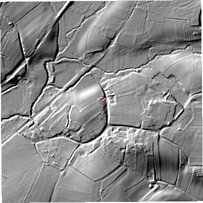 Shaded relief map of the ground around BA51QR, computed from Environment Agency LiDAR. The ground here sits at about 19 m above sea level and falls 16 m across the surrounding 800 m. Surface water reaching this point runs off ground lying to the south-east, 11.9 m higher.