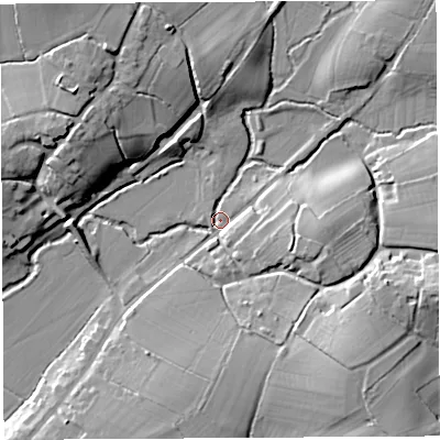 Shaded relief map of the ground around BA51QT, computed from Environment Agency LiDAR. The ground here sits at about 13 m above sea level and falls 17 m across the surrounding 800 m. Surface water reaching this point runs off ground lying to the east-south-east, 14.8 m higher.