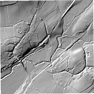Shaded relief map of the ground around BA51QU, computed from Environment Agency LiDAR. The ground here sits at about 13 m above sea level and falls 23 m across the surrounding 800 m. Surface water reaching this point runs off ground lying to the north-west, 5.4 m higher.