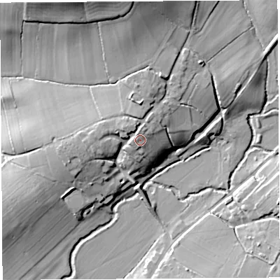 Shaded relief map of the ground around BA51QX, computed from Environment Agency LiDAR. The ground here sits at about 23 m above sea level and falls 26 m across the surrounding 800 m. Surface water reaching this point runs off ground lying to the north-north-west, 2.8 m higher.