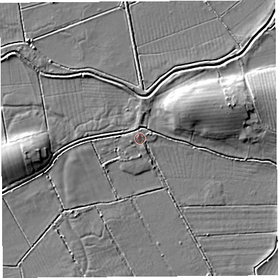 Shaded relief map of the ground around BA51RU, computed from Environment Agency LiDAR. The ground here sits at about 5 m above sea level and falls 10 m across the surrounding 800 m. Surface water reaching this point runs off ground lying to the north, 1.6 m higher.