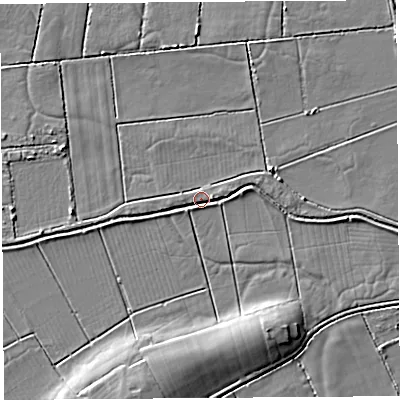 Shaded relief map of the ground around BA51RY, computed from Environment Agency LiDAR. The ground here sits at about 5 m above sea level and falls 7 m across the surrounding 800 m. Surface water reaching this point runs off ground lying to the east, 2.4 m higher.