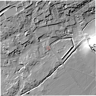 Shaded relief map of the ground around BA51SE, computed from Environment Agency LiDAR. The ground here sits at about 44 m above sea level and falls 40 m across the surrounding 800 m. Surface water reaching this point runs off ground lying to the north-north-east, 0.8 m higher.