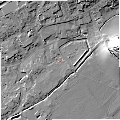 Shaded relief map of the ground around BA51SF, computed from Environment Agency LiDAR. The ground here sits at about 43 m above sea level and falls 45 m across the surrounding 800 m. Surface water reaching this point runs off ground lying to the north, 2.6 m higher.