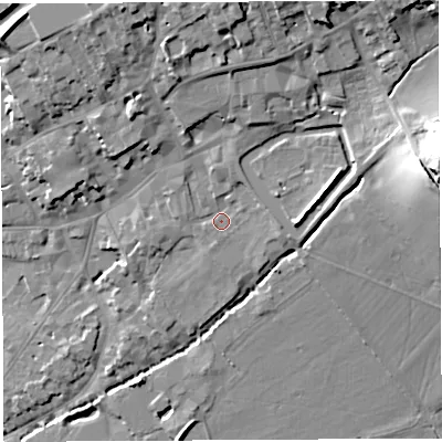 Shaded relief map of the ground around BA51SG, computed from Environment Agency LiDAR. The ground here sits at about 42 m above sea level and falls 34 m across the surrounding 800 m. Surface water reaching this point runs off ground lying to the north-north-east, 3.0 m higher.