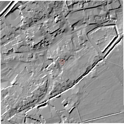Shaded relief map of the ground around BA51SL, computed from Environment Agency LiDAR. The ground here sits at about 40 m above sea level and falls 19 m across the surrounding 800 m. Surface water reaching this point runs off ground lying to the north-east, 5.1 m higher.