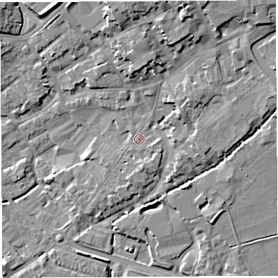 Shaded relief map of the ground around BA51SR, computed from Environment Agency LiDAR. The ground here sits at about 38 m above sea level and falls 18 m across the surrounding 800 m. Surface water reaching this point runs off ground lying to the north-north-east, 11.6 m higher.