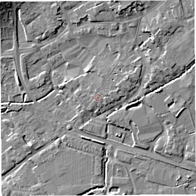 Shaded relief map of the ground around BA51SU, computed from Environment Agency LiDAR. The ground here sits at about 36 m above sea level and falls 16 m across the surrounding 800 m. Surface water reaching this point runs off ground lying to the north-east, 7.3 m higher.