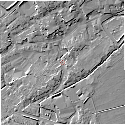 Shaded relief map of the ground around BA51SW, computed from Environment Agency LiDAR. The ground here sits at about 38 m above sea level and falls 19 m across the surrounding 800 m. Surface water reaching this point runs off ground lying to the north-north-east, 12.9 m higher.