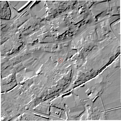 Shaded relief map of the ground around BA51SY, computed from Environment Agency LiDAR. The ground here sits at about 38 m above sea level and falls 19 m across the surrounding 800 m. Surface water reaching this point runs off ground lying to the north-east, 0.7 m higher.