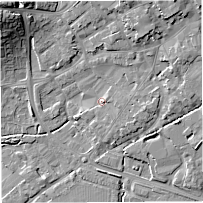 Shaded relief map of the ground around BA51TE, computed from Environment Agency LiDAR. The ground here sits at about 36 m above sea level and falls 22 m across the surrounding 800 m. Surface water reaching this point runs off ground lying to the east, 1.9 m higher.