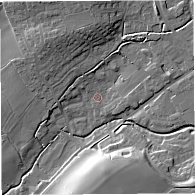 Shaded relief map of the ground around BA51TG, computed from Environment Agency LiDAR. The ground here sits at about 26 m above sea level and falls 22 m across the surrounding 800 m. Surface water reaching this point runs off ground lying to the north, 11.3 m higher.