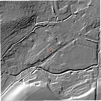 Shaded relief map of the ground around BA51TH, computed from Environment Agency LiDAR. The ground here sits at about 30 m above sea level and falls 19 m across the surrounding 800 m. Surface water reaching this point runs off ground lying to the north-east, 1.1 m higher.