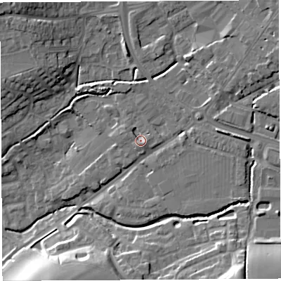 Shaded relief map of the ground around BA51TJ, computed from Environment Agency LiDAR. The ground here sits at about 31 m above sea level and falls 18 m across the surrounding 800 m. Surface water reaching this point runs off ground lying to the east-north-east, 1.1 m higher.
