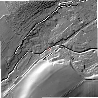 Shaded relief map of the ground around BA51TR, computed from Environment Agency LiDAR. The ground here sits at about 25 m above sea level and falls 22 m across the surrounding 800 m. Surface water reaching this point runs off ground lying to the south-south-east, 16.5 m higher.