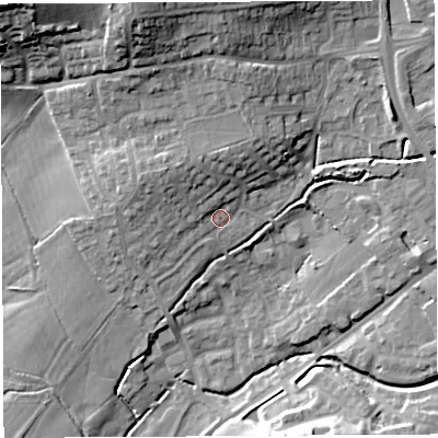 Shaded relief map of the ground around BA51TS, computed from Environment Agency LiDAR. The ground here sits at about 30 m above sea level and falls 26 m across the surrounding 800 m. Surface water reaching this point runs off ground lying to the north-west, 5.8 m higher.