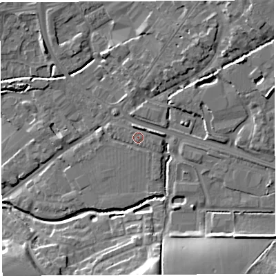 Shaded relief map of the ground around BA51TU, computed from Environment Agency LiDAR. The ground here sits at about 34 m above sea level and falls 16 m across the surrounding 800 m. Surface water reaching this point runs off ground lying to the east-north-east, 2.7 m higher.