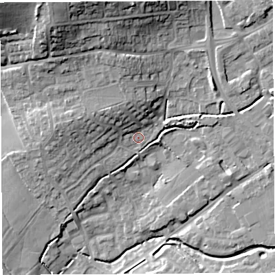 Shaded relief map of the ground around BA51TZ, computed from Environment Agency LiDAR. The ground here sits at about 30 m above sea level and falls 27 m across the surrounding 800 m. Surface water reaching this point runs off ground lying to the north-north-west, 18.8 m higher.