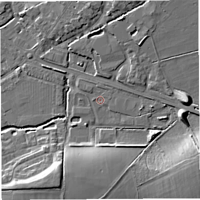 Shaded relief map of the ground around BA51UA, computed from Environment Agency LiDAR. The ground here sits at about 34 m above sea level and falls 18 m across the surrounding 800 m. Surface water reaching this point runs off ground lying to the east, 2.2 m higher.