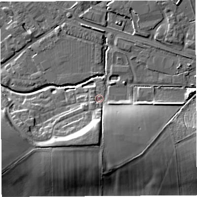 Shaded relief map of the ground around BA51UB, computed from Environment Agency LiDAR. The ground here sits at about 33 m above sea level and falls 16 m across the surrounding 800 m. Surface water reaching this point runs off ground lying to the south, 8.9 m higher.