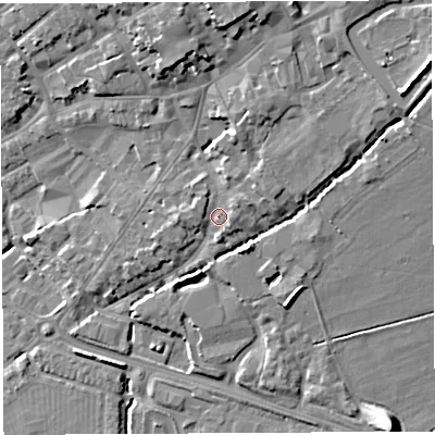 Shaded relief map of the ground around BA51UG, computed from Environment Agency LiDAR. The ground here sits at about 38 m above sea level and falls 17 m across the surrounding 800 m. Surface water reaching this point runs off ground lying to the north-north-east, 7.9 m higher.