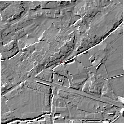 Shaded relief map of the ground around BA51UH, computed from Environment Agency LiDAR. The ground here sits at about 35 m above sea level and falls 17 m across the surrounding 800 m. Surface water reaching this point runs off ground lying to the north-east, 9.9 m higher.