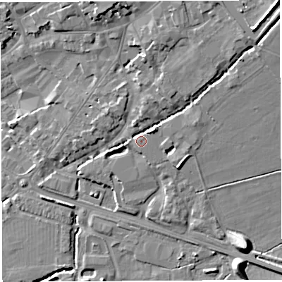 Shaded relief map of the ground around BA51UP, computed from Environment Agency LiDAR. The ground here sits at about 38 m above sea level and falls 19 m across the surrounding 800 m. Surface water reaching this point runs off ground lying to the north-east, 11.8 m higher.